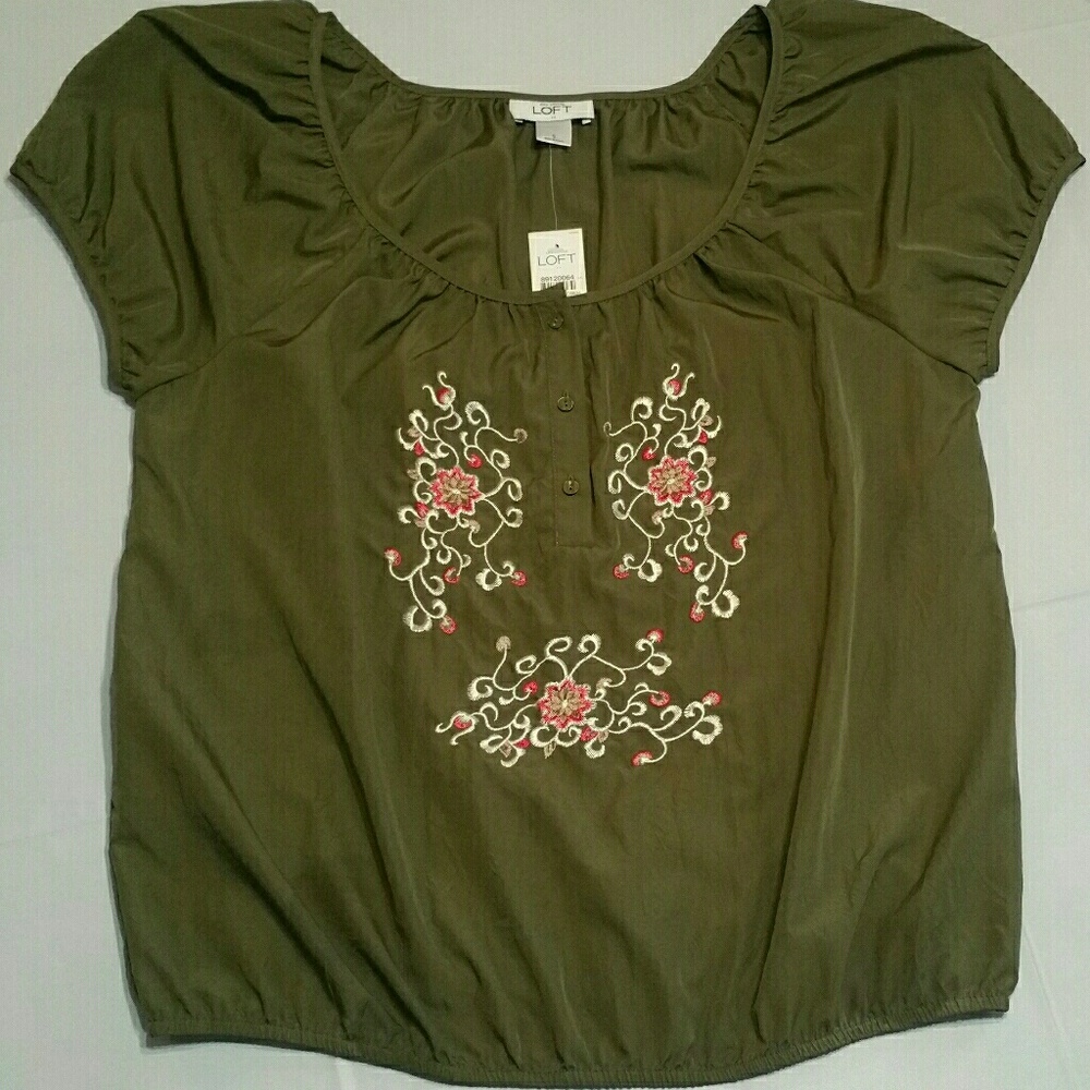 LOFT Dark Green Blouse w/Floral Embroidery NWT